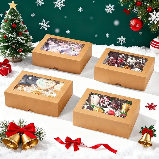 8x6x2.5 Inch 50PCS Baking Boxes with Window for Pastry,Treat,Macaron,Dount,Cookies,Chocolate Covered Strawberries,Brown Bakery Boxes Strawberry Boxes,Muffins