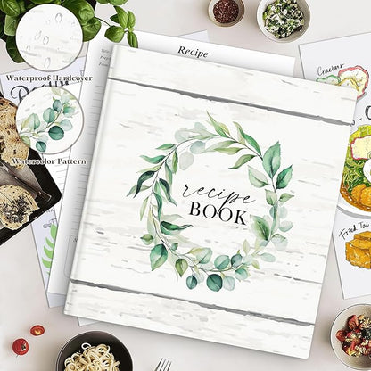 Lanpn Recipe Binder 8.5x11 3 Ring Kit, Waterproof Organizer Binder Recipe Book with 60 Plastic Sleeves,116 Recipes, Dividers,Labels & Stickers, Blank Cookbook to Write in Your Own Recipes, Leaf