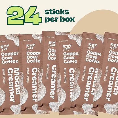 Copper Cow Coffee Sweetened Mocha Milk Creamer Singles (24 pack) | Vietnamese Inspired Coffee Creamer, All Natural Creamer Packets for Pour Overs & Lattes | No Refrigeration Needed
