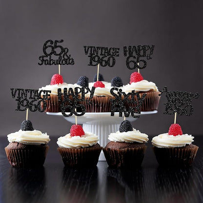 Gyufise 30 Pack Gold Glitter 65th Birthday Cupcake Toppers Vintage 1960 Cake Toppers Hello 65 Cake Topper Sixty Five 65 & Fabulous Cupcake Picks 65th Birthday Cake Decorations Supplies