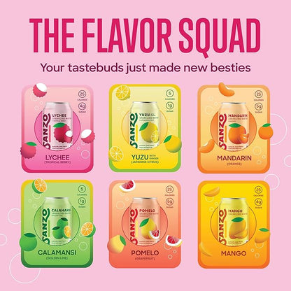 Sanzo Flavored Sparkling Water Variety Pack - Yuzu Lemon Soda, Calamansi Lime Seltzer Water, Pomelo Grapefruit Soda, Mango Sparkling Drink, Lychee Carbonated Drinks, Mandarin Orange - 12oz, 12 Pack