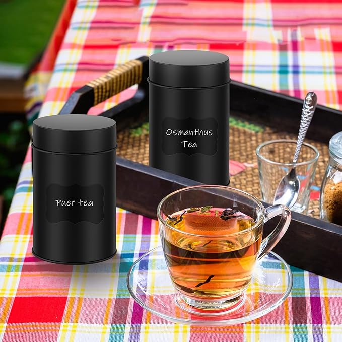 Tanlade 6 Pcs Tea Tin Canister Metal Round Can with Airtight Lid Double Sealed Tea Tin Canisters, with 1 Erasable Chalk Marker and 16 Stickers for Loose Leaf Coffee Sugar, 16 oz