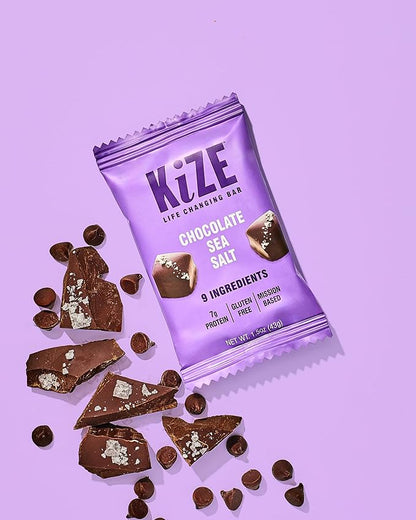 KiZE Energy Bars - Chocolate Sea Salt - Gluten Free, Dairy Free, Non-GMO, and High Protein Meal Replacement Energy Bars, Meal Bas, Clean & Simple Food Ingredients - 7g High Protein Snacks, (10 Count)
