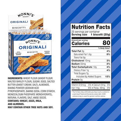 Nonni's Originali Classic Almond Biscotti Cookies – Individually Wrapped Italian Coffee Snack, Crunchy Twice-Baked, 80 Cal Each, 17.25 oz Carton, 4 Pack