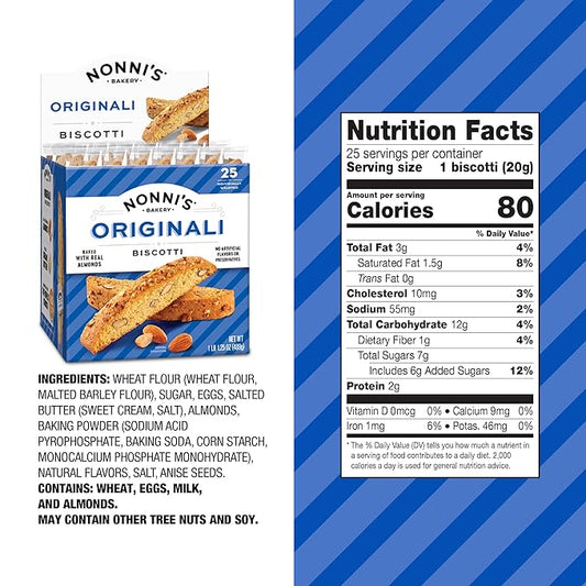 Nonni's Originali Classic Almond Biscotti Cookies – Individually Wrapped Italian Coffee Snack, Crunchy Twice-Baked, 80 Cal Each, 17.25 oz Carton, 4 Pack
