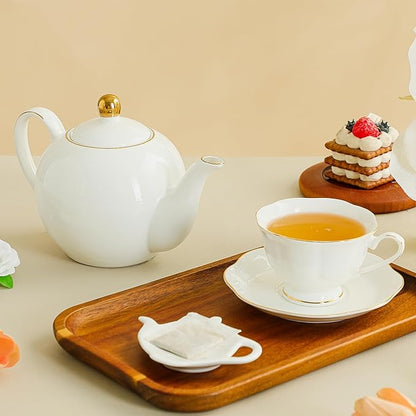 30oz White Porcelain Teapot, Classic design tea pot with Gold Trim, Beautiful white teapots for loose leaf tea and tea bags, Tea Party friendly
