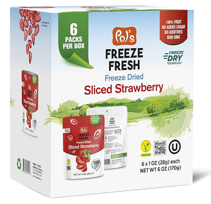 Pol’s Freeze Fresh - 6 Pack Sliced Freeze-Dried Strawberries (1 Oz Each) – No Added Sugar, Non-GMO, Vegan, Gluten-Free Single-Serve Snack Packs