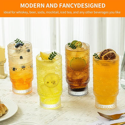 Romantic Highball Drinking Glasses Set of 4, Beaded Glassware, 16oz XL Hobnail Glassware, Vintage Glassware Set, Embossed Vintage Drinking Glasses for Beer, Cocktail, Soda (4PCS-16oz with lid)