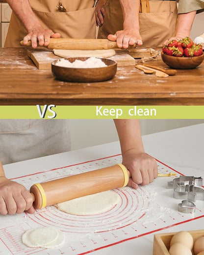 Classic Wood Rolling Pin, 17" Rolling Pins for Baking with Silicone Mat and Adjustable Thickness Rings, Pasta Roller with Wood Base, Fondant Roller for Pie Crust, Cookies, Pizza Dough and Bread