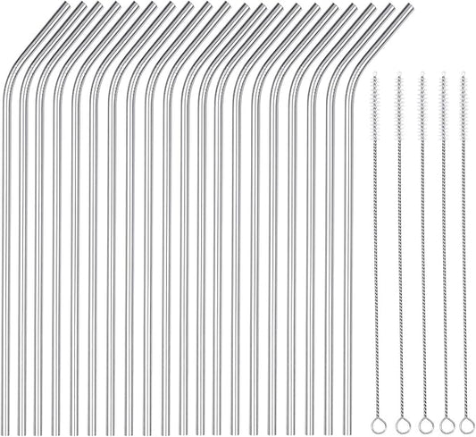 25 Piece Set Stainless Steel Straws Ultra Long 10.5 Inch Drinking Metal Straws Reusable Drinking Straws for 20 30 OZ (20 Bent| 5 Brushes)