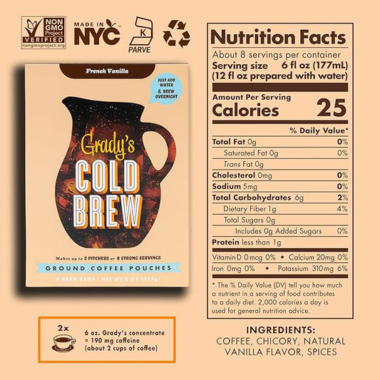 GRADY’S COLD BREW, French Vanilla, 100% Arabica Ground Coffee & Chicory Pouches, ONE Box with 4 Easy-to-Brew Bean Bags, Makes 12 drinks