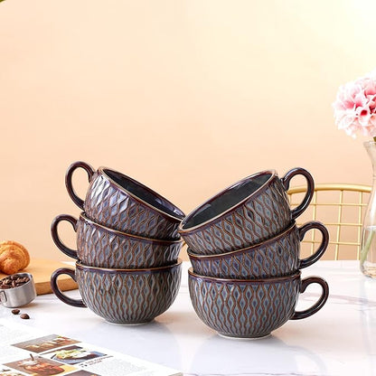 Set of 6 Cups Vintage Design 12 oz Professional Barista Ceramic Latte Art Cappuccino Cups Set (Embossed Grey * 6)