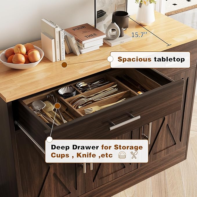 Vongrasig 43” Sideboard Buffet Cabinet with Storage, Farmhouse Coffee Bar with Drawers and Shelves, Wood Buffet Table for Kitchen Dining Room, Living Room, Rustic Brown