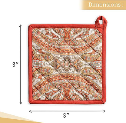 Maison d' Hermine Pot Holders Set 100% Cotton Heat Resistant Potholders 8" x 8" Hot Pads with Loop BBQ, Cooking, Baking, Grilling, Kitchen, Handling Hot Pans (Pack of 2, Kashmir Paisley)
