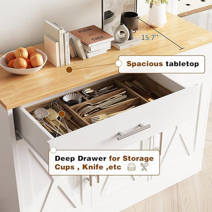 Vongrasig Buffet Cabinet with Drawers, 43” Coffee Bar Cabinet Farmhouse Kitchen Buffet Storage Cabinet with 3 Doors, Wood Buffet Table for Kitchen Living Room,White