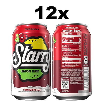 Starry Zero Sugar Cranberry Blizz Soda, Caffeine Free, 12 Fl Oz Cans (Pack of 12)