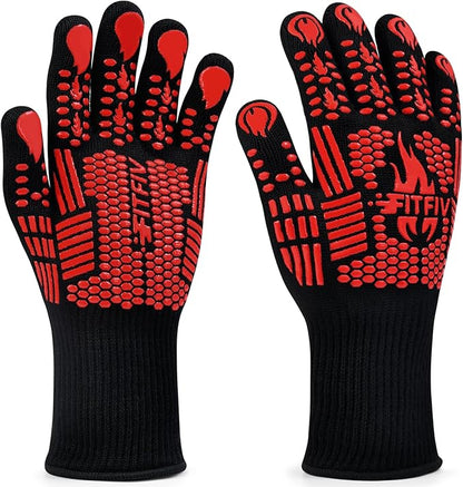 BBQ Gloves, Oven Gloves, Extreme Heat Resistant Barbecue Gloves, Silicone Non-Slip Oven Mitts, Kitchen Gloves for Cooking, Grilling, and Baking (Red)