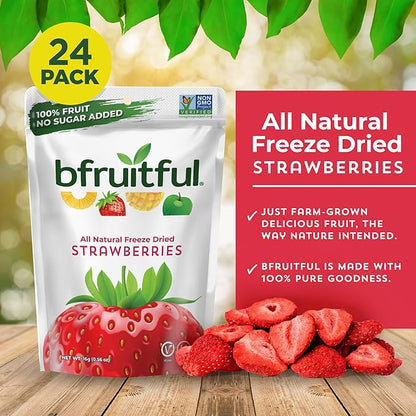 bfruitful Freeze-Dried Strawberries, Freeze Dried Fresh Fruit Bites, Gluten Free, Vegan, Dairy Free, Kosher, No Sugar Added, Non GMO, Healthy Snacks for Kids or Adults, 0.56 oz Single-Serve Snack Packets, 24 Pack