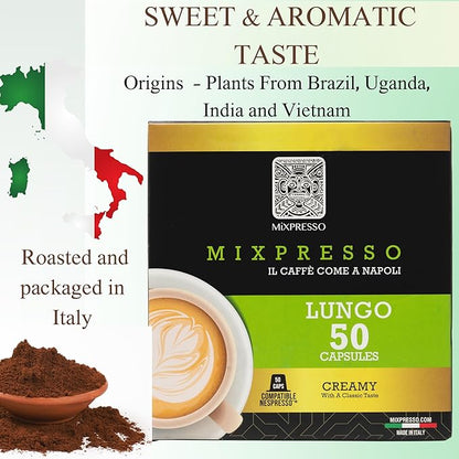 Mixpresso Lungo Coffee Espresso Capsules Compatible With Nespresso Original Brewers, Single Cup Coffee Pods 100% from Italy, Dark Roast 80% Arabica Espresso, 50 Count Coffee Capsule Intensity 10/12