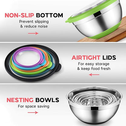 Colorful Mixing Bowl Set of 6 for Kitchen, Large Stainless Steel Metal Nesting Mixing Bowls with Airtight Lids, Non Slip - Size 1, 1.5, 2, 2.6, 3.5, 7QT