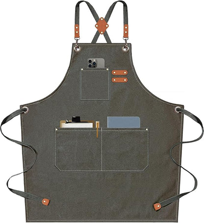AFUN Chef Aprons for Men Women with Large Pockets, Cotton Canvas Cross Back Heavy Duty Adjustable Work Apron, Size M to XXL (Greygreen)