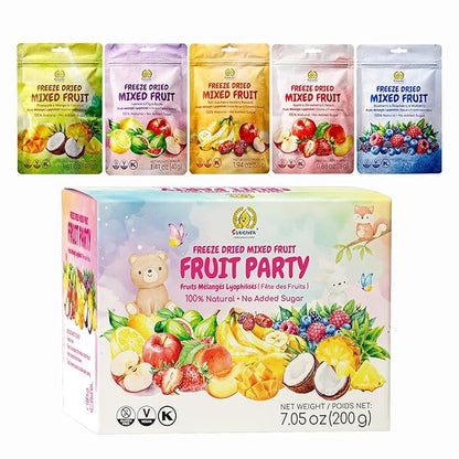 SUNGIVEN Freeze Dried Fruit Party with 10+ Fruits, Mixed Fruits Variety Pack of 5 Bag, 7.06 oz, Health Snack, Fruit Crisps, Freeze Dried Apple Strawberry Berries Lemon Coconut Fig Mango Pineapple, No Sugar Added, Made with 100% Fruit