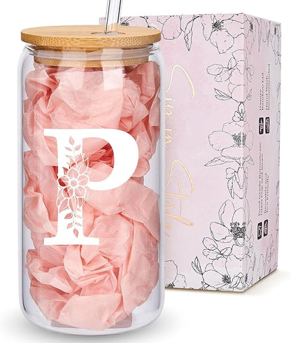 Personalized Gifts for Women, Monogrammed Glass Cups with Lids and Straws, Custom Tumbler, Cute Customized Mug, Aesthetic Stuff, Initial Iced Coffee Cup, Drinking Glasses, Birthday Teacher Gifts, P