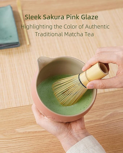 ZENS Matcha Whisk Set, Pink Ceramic Matcha Bowl with Embossed Sakura, 6pcs Matcha Tea Kit Includes Bamboo Whisk, (Chasen Holder) Scoop & Sifter, Tea Towel for Matcha Ceremony, Pink