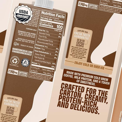 Wandering Bear Double Latte Organic Cold Brew Coffee — 32 fl oz, 6 pack - Creamy High-Protein Cold Brew Latte, 11 g Protein, Only 100 Calories, 5 g Sugar, Double Shot Strength (Shelf-Stable)