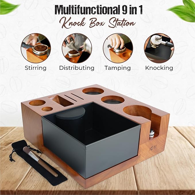 Espresso Knock Box & Tamping Station - Coffee Organizer Box for 51-54mm Tamper, Distributor, Dosing Funnel, Portafilter & Puck Screen Accessories - Includes Cleaning Brush