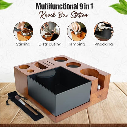 Espresso Knock Box & Tamping Station - Coffee Organizer Box for 51-54mm Tamper, Distributor, Dosing Funnel, Portafilter & Puck Screen Accessories - Includes Cleaning Brush