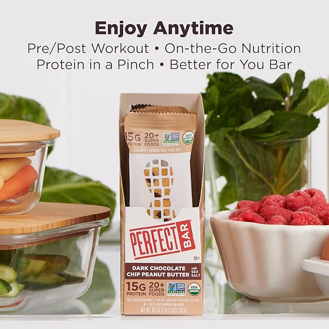 Perfect Bar, Dark Chocolate Chip Peanut Butter Protein Bar, High Protein, Organic, Gluten Free, Soy Free, Non GMO, No Sugar Alcohols, 2.3 Ounce Bar, 10 Count