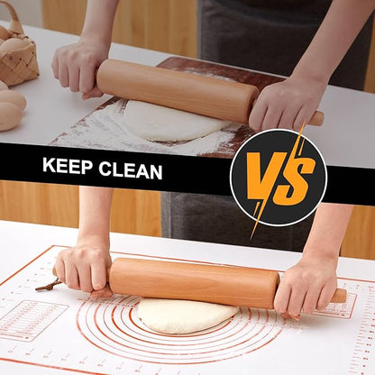 Classic Wood Rolling Pin - Wooden Rolling Pins for Baking Silicone Mat Set, Dough Roller with Wood Base, Fondant Roller for Pie Crust Cookies Pizza Dough and Bread, 17 Inch