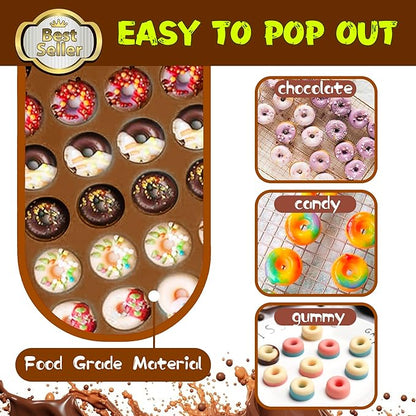 Donut Silicone Chocolate Molds, Mini Donut Pan Mold Gummy Candy Mold for Caramels Chocolate Ice Cube Jelly Truffles Pralines Ganache - 4 Pack