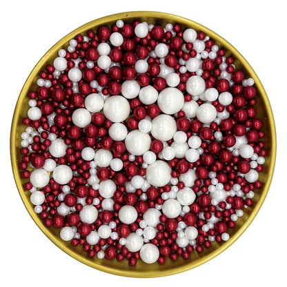 Edible Red & White Sugar Pearls Sprinkles Candy Mix Size Pearls Cake Decorations Cupcake Toppers Decorating Perfect for Wedding Party Valentine Christmas Supplies 4.58OZ