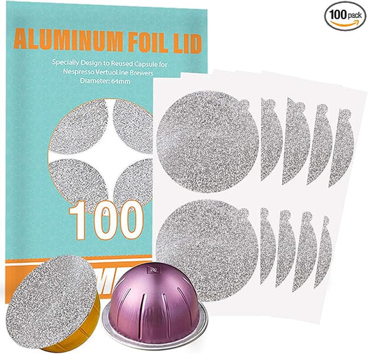 CAPMESSO Aluminum Foils Lids to Reuse Vertuoline Capsules Coffee Pods Compatible with Nespresso VertuoLine Machine 64mm(100/package)