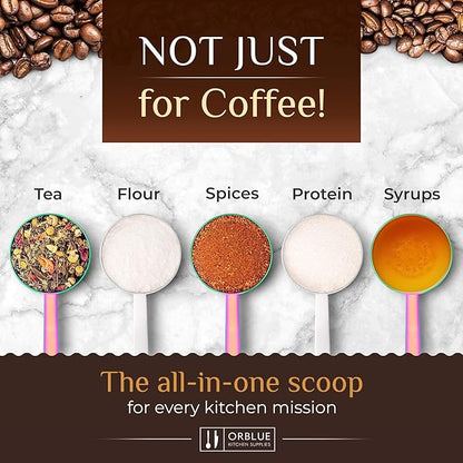 Orblue Premium Coffee Scoop Set - 1 Tbsp (15ml) & 2 Tbsp (30ml) Measuring Tablespoon - Stainless Steel Coffee Measuring Spoon and Scooper with Long Handles - Pack of 2, Multicolored