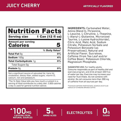 Optimum Nutrition Amino Energy Sparkling Hydration Drink, Electrolytes, Caffeine, Amino Acids, BCAAs, Sugar Free, Juicy Cherry, 12 Fl Oz, 12 Pack (Packaging May Vary)