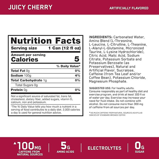 Optimum Nutrition Amino Energy Sparkling Hydration Drink, Electrolytes, Caffeine, Amino Acids, BCAAs, Sugar Free, Juicy Cherry, 12 Fl Oz, 12 Pack (Packaging May Vary)