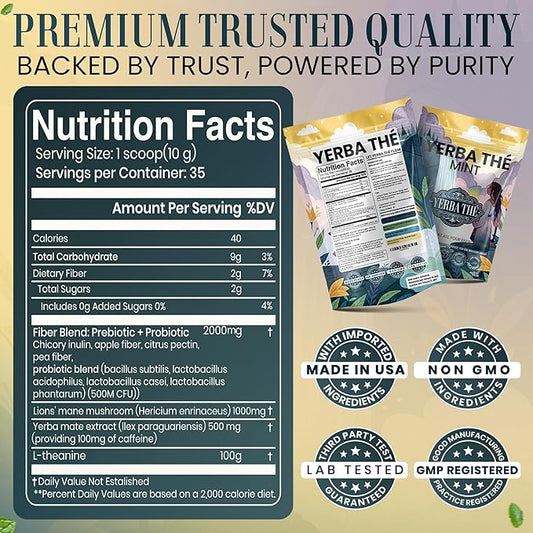 Ancient Diosa - Yerba Mate Tea Powder 350g, 35-Servings - Mint Flavor Clean Energy Drink Superfood - Support Gut Health with Probiotics and Prebiotics, Reduce Brain Fog, Relaxation and Focus Blend