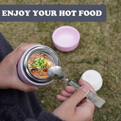 Soup Thermo for Hot Food & Drinks, Thermo Lunch Box for Kids, 17oz Vacuum Insulated Food Container with Spoon&&Drawstring Bag, Soup Therm for Adults, Pink&Green