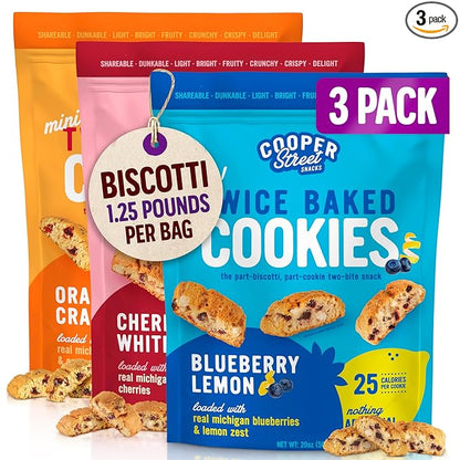 Cooper Street Cookies Twice Baked Italian Biscotti Cookies - Lemon Blueberry, Orange Cranberry and Cherry White Chunk | Crispy, Light and Healthy Cookies | Peanut & Dairy Free | 20oz | 3 Pack