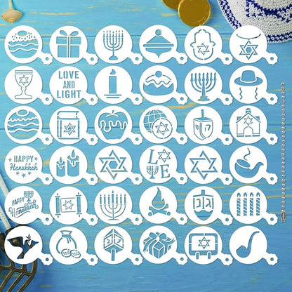 JULBEAR 36 Pcs Reusable Hanukkah Cake Cookie Stencils Dreidel Menorah for Cookies Coffee DIY Hanukkah Holiday Baking Painting Dessert Craft Decoration