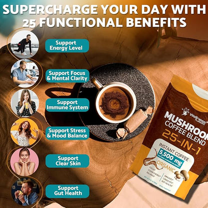 Mushroom Coffee Organic Instant Coffee, 25-in-1, Third-Party Tested Keto Friendly Lions Mane Supplement with Functional Mushrooms – Shiitake, Reishi, Lion’s Mane & More | Smooth, Rich Flavor - 90 Servings