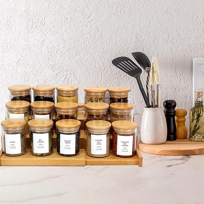4OZ Glass Spice Jars with Bamboo Lids and 315 Labels, 20 Pcs Clear Food Storage Containers for Kitchen Sugar Salt Coffee Tea Beans