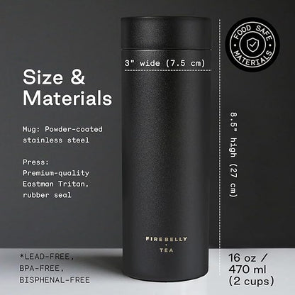 Firebelly Tea, Travel Tea Infuser Mug with Strainer, Insulated Tumbler for Loose Leaf Tea or Coffee, Leakproof Bottle for Hot or Iced Drinks, Stainless Steel Thermos with Lid, Noir