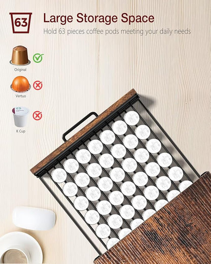 Coffee Pod Drawer Compatible with Nespresso Original Line, 63 Pods Coffee Organizer with Cup Holder, Durable Coffee Maker Stand with Storage Drawer, Rustic Brown