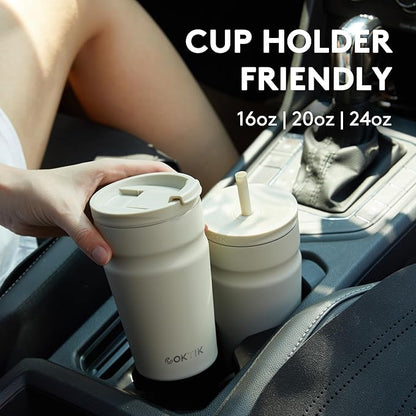 COKTIK 24oz Insulated Tumbler with Lid and Straw 2 Lids (Straw/Flip) Iced Coffee Cup Reusable Stainless Steel Travel Mug Water Bottle Cupholder Friendly for Women Men Her Him (Bay Leaf)
