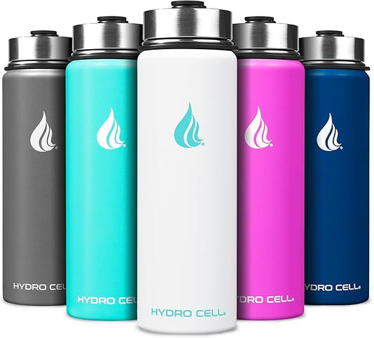 HYDRO CELL Stainless Steel Insulated Water Bottle with Straw - For Cold & Hot Drinks - Metal Vacuum Flask with Screw Cap and Modern Leakproof Sport Thermos for Adults (White 24oz)