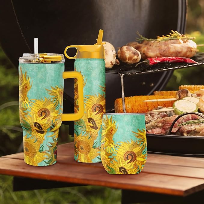 RainCaper 18/8 Stainless Steel Insulated Water Tumbler with Straw | 30oz, BPA-Free, Double Wall for Hot & Cold | Travel-Friendly, Cup Holder Ready (van Gogh Sunflowers)